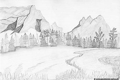 Artworks Berglandschaft mit Bleistift gezeichnet