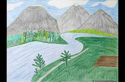 Artwork Berglandschaft mit einem sich schlängelndem Fluss auf A3