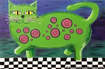 Acrylbild grüne Katze wird rot geringelt